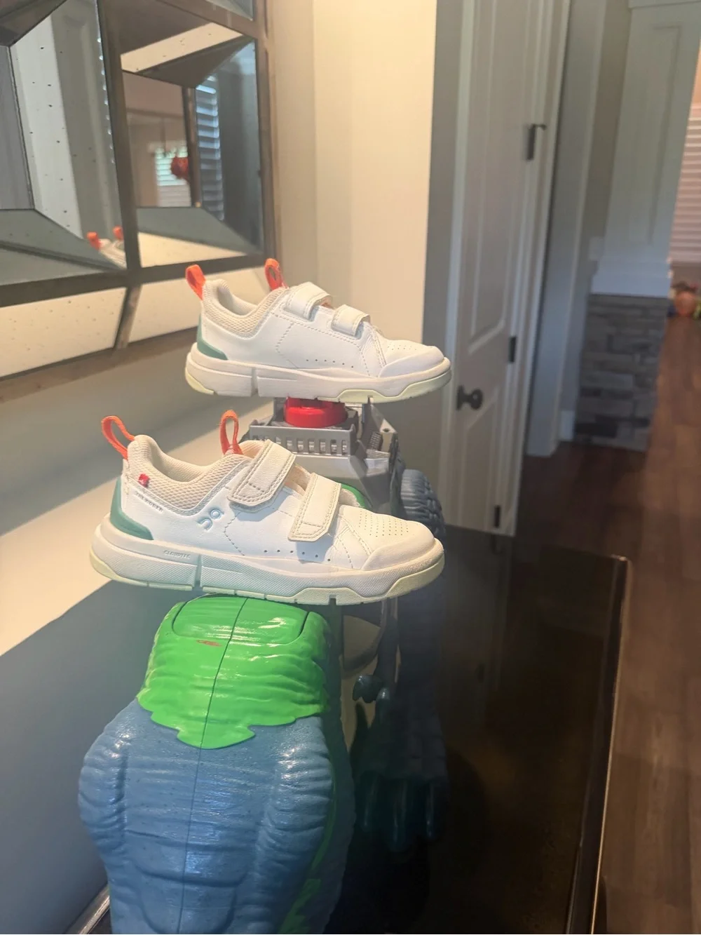 Kids White Sneakers with Teal and Orange Accents - Velcro Closure - Picture 1 of 4